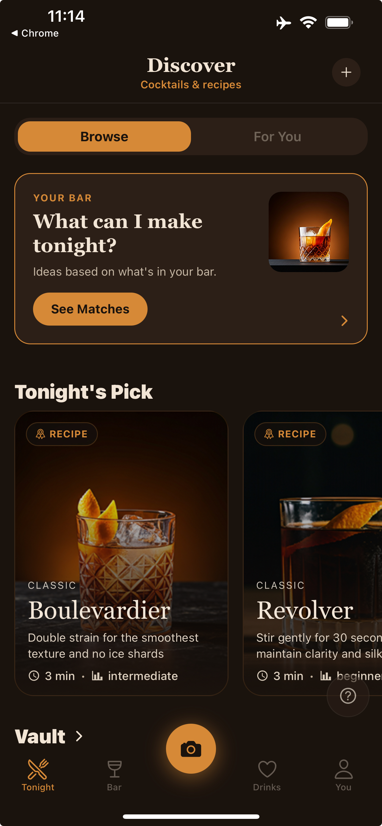 The KŌOPE app's Discover screen, showing a &ldquo;What can I make tonight?&rdquo; prompt above a Tonight's Pick row of cocktail recipes.