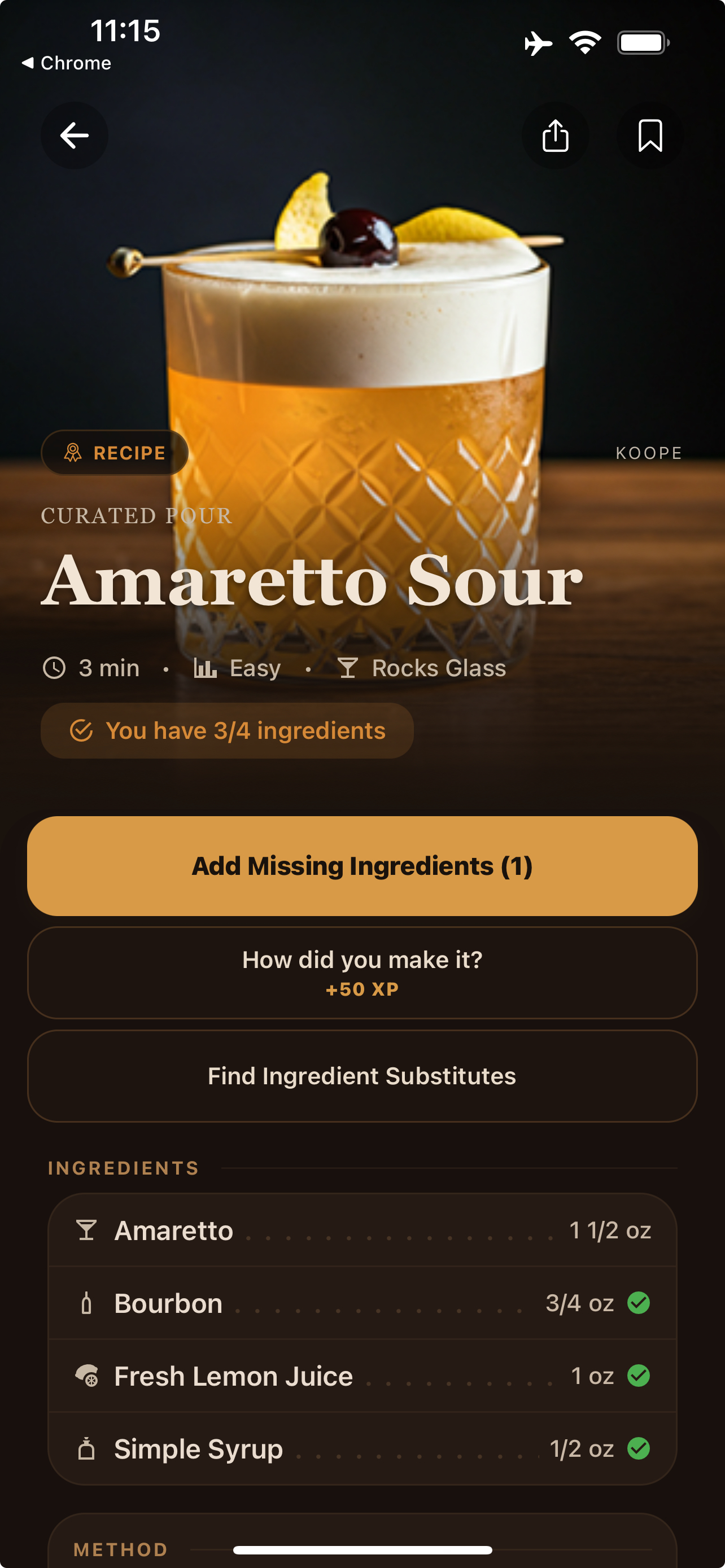 The KŌOPE recipe screen for an Amaretto Sour: a photograph of the finished drink, three minutes, easy, rocks glass, a note that you have three of the four ingredients, and the ingredient list beneath.